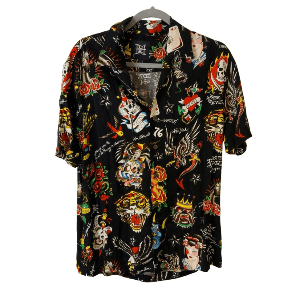 ED HARDY Button Up Shirt Tattoo Sz Small Skull Lion Tiger